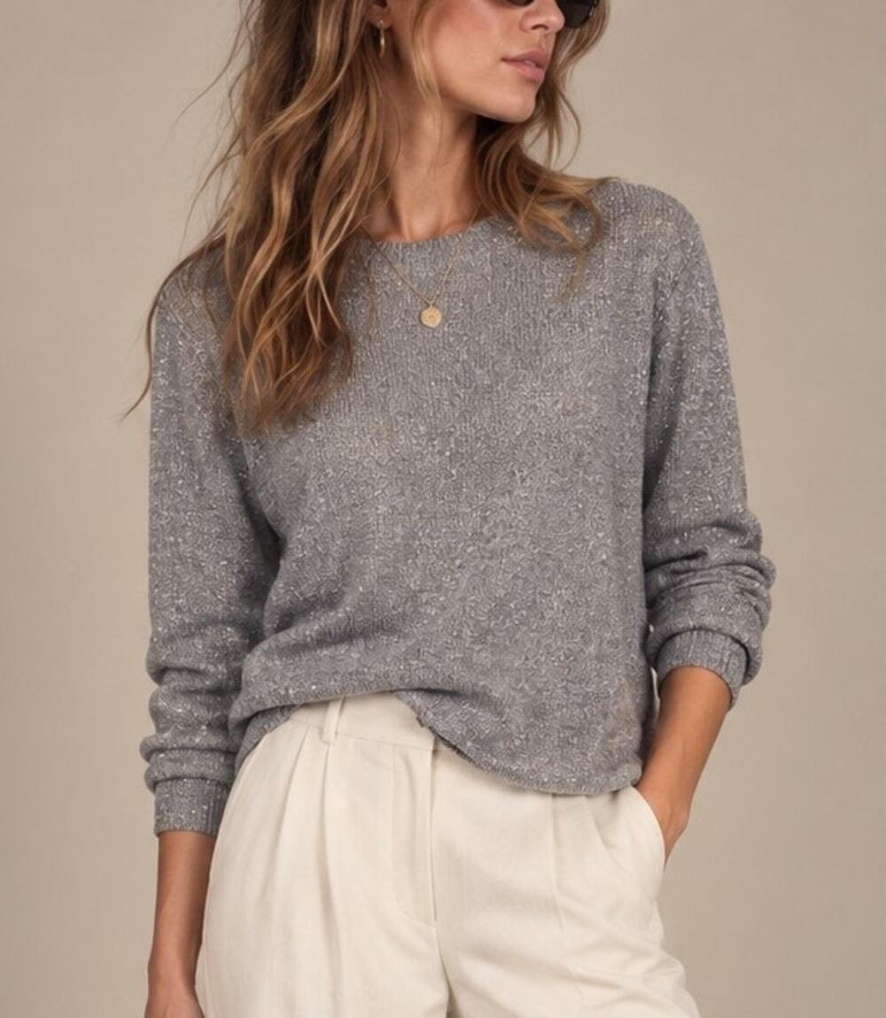 J. Jill Sparkle Shimmer Sweater Womens L Gray Metallic Knit Holiday Party Glam